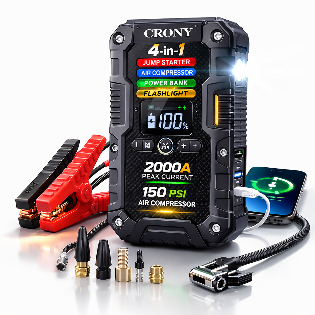 CRONY 4-in-1 Car Emergency Jump Starter 2000A | Air Compressor 150 PSI | Power Bank & Flashlight