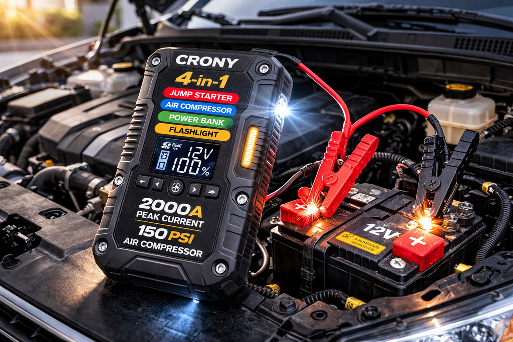 CRONY 4-in-1 Car Emergency Jump Starter 2000A | Air Compressor 150 PSI | Power Bank & Flashlight