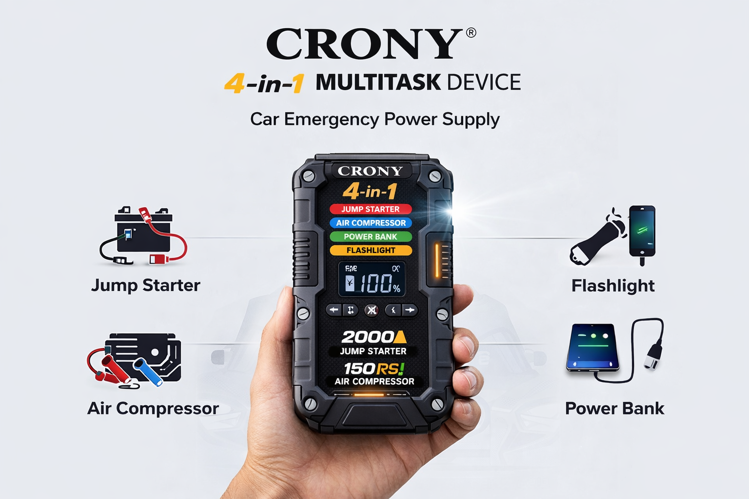 4-in-1 Car Jump Starter 2000A – Power Bank & Air Pump