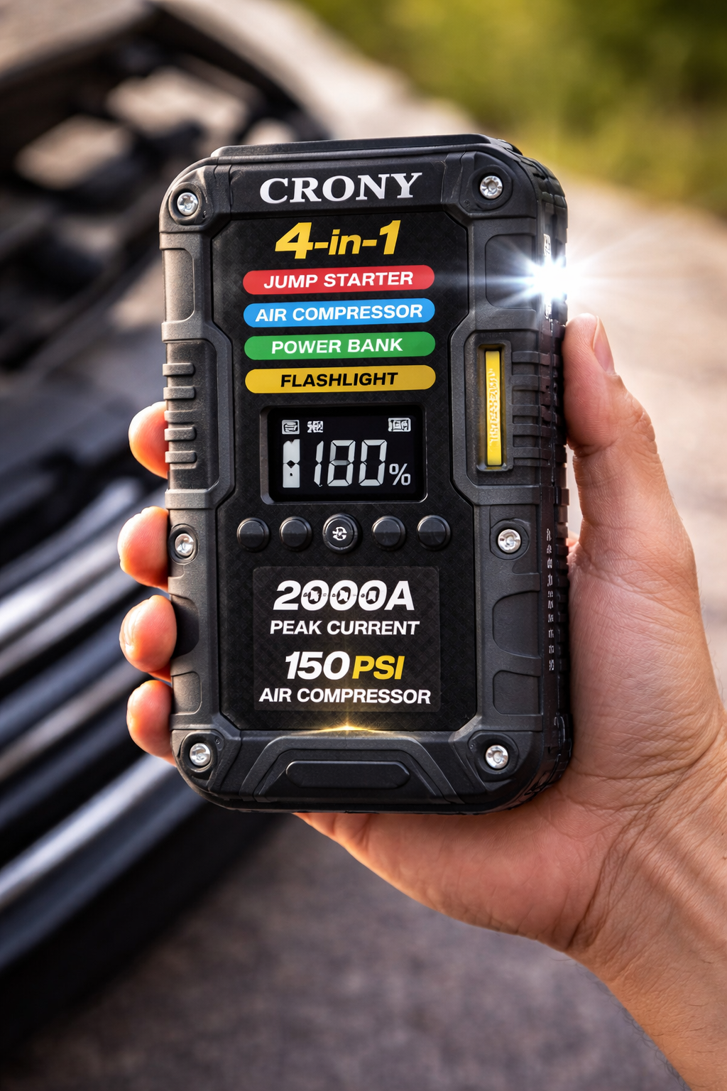 CRONY 4-in-1 Car Emergency Jump Starter 2000A | Air Compressor 150 PSI | Power Bank & Flashlight