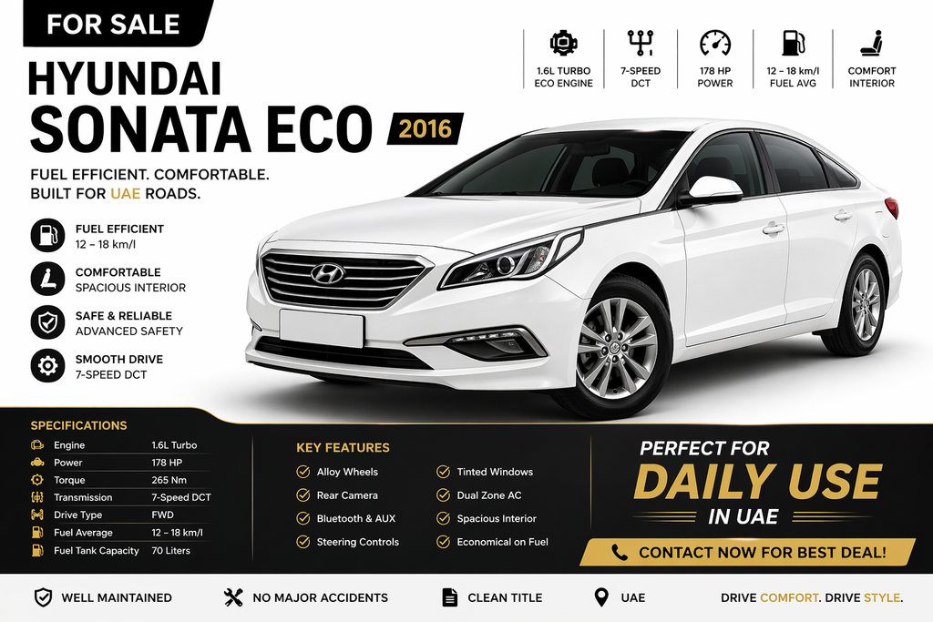 Hyundai Sonata Eco 2015 – Fuel Efficient Sedan | UAE Ready | Clean & Comfortable Drive