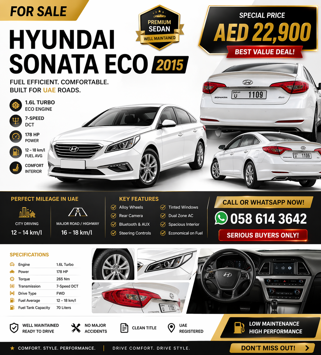 Hyundai Sonata Eco 2015 – Fuel Efficient Sedan | UAE Ready | Clean & Comfortable Drive