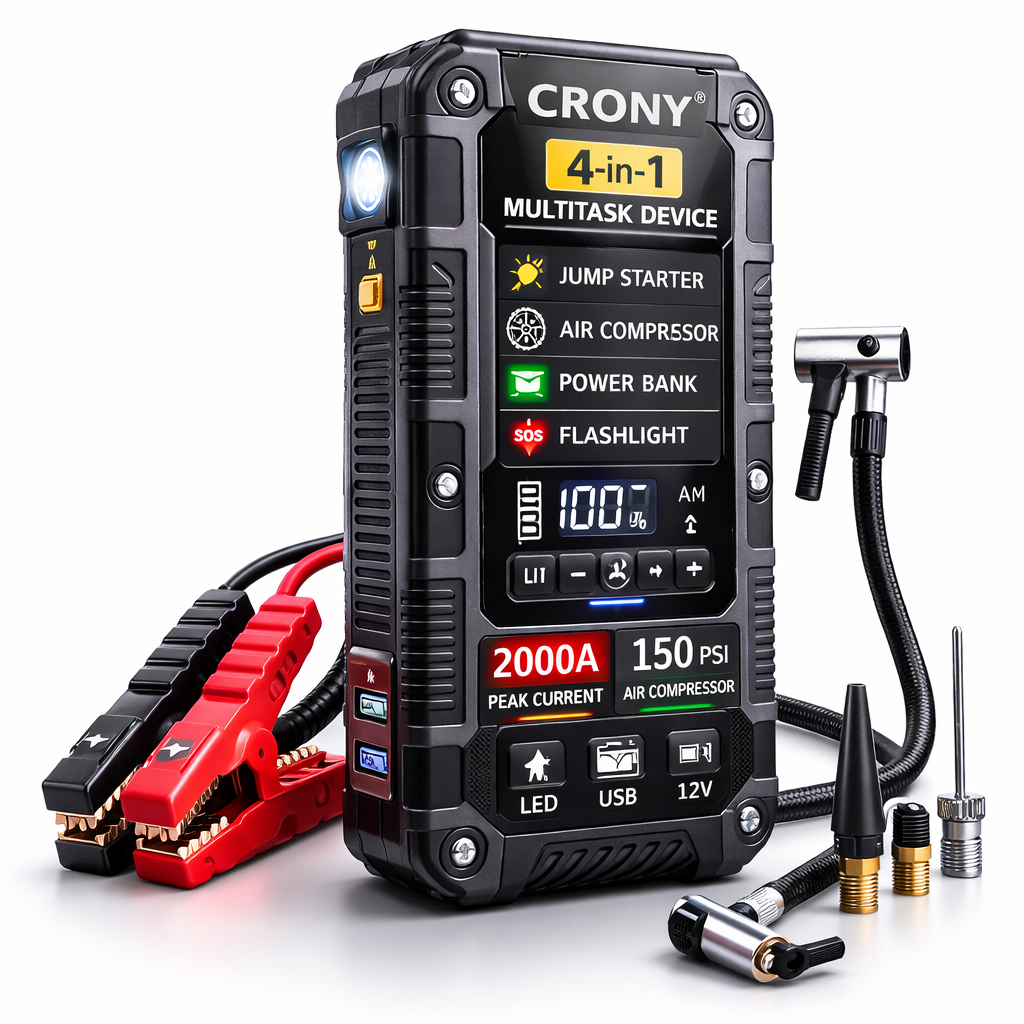 CRONY 4-in-1 Car Emergency Jump Starter 2000A | Air Compressor 150 PSI | Power Bank & Flashlight