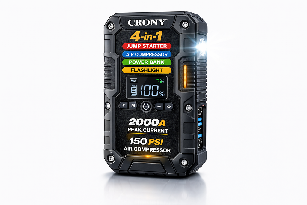 CRONY 4-in-1 Car Emergency Jump Starter 2000A | Air Compressor 150 PSI | Power Bank & Flashlight
